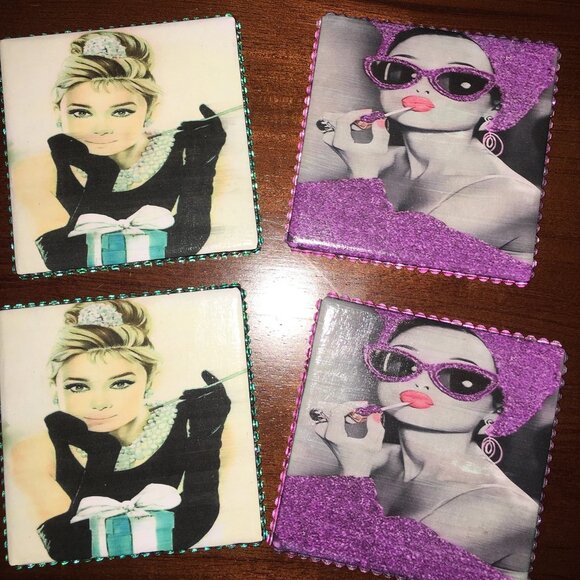 Set of 2 Coasters, Audrey Hepburn Drinking Coasters, Barware, Celebrity, Icon, - Picture 1 of 4
